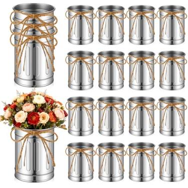 Imagem de Otoolling 16 peças de vaso de flores de metal para casa de fazenda, baldes de flores de metal com laço de barbante, decoração de casamento rústica vintage para mesa de centro de mesa, decoração de