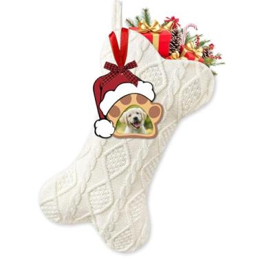 Imagem de HEYMFTSY Meia de Natal de cachorro com enfeite de foto de impressão de pata de madeira - Grande animal de estimação pendurado em forma de osso meias brancas de Natal para cães filhotes