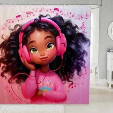Imagem de Manfei Cortinas de chuveiro infantis para meninas negras, fones de ouvido com notas musicais, decoração de casa de princesa adorável, cortinas impermeáveis pretas e rosa, 12 ganchos, 182 cm L x 213 cm