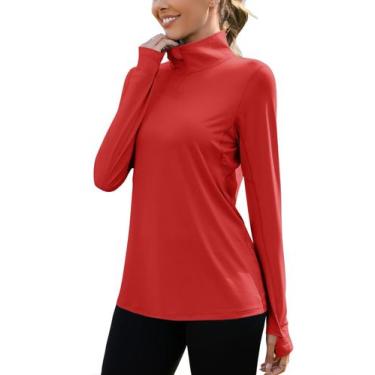 Imagem de Camisa de sol feminina LUYAA UPF 50+ de manga comprida vermelha