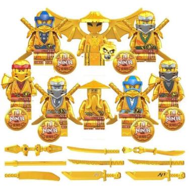 Imagem de Kit 8 Bonecos Blocos De Montar Dourado Escudo Ninjago