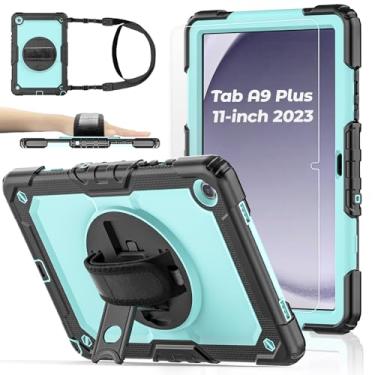 Imagem de Capa para tablet Samsung Galaxy Tab A9+ Plus 27.9 cm 2023 [com película de vidro temperado], capa BASE MALL à prova de choque, suporte giratório de 360°/S caneta/alça de ombro e mão (azul celeste)