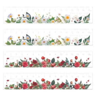 Imagem de Pacote com 4 réguas de plástico de flores transparentes de 15 cm, régua pequena de acrílico estética fofa, mini régua métrica de desenho de medição com centímetros para escola e escritório em casa