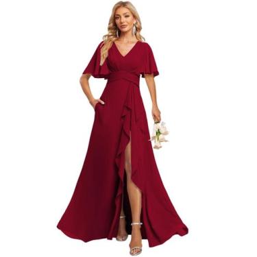 Imagem de Vestido de dama de honra Deamify Wine Red Chiffon com decote em V A-li