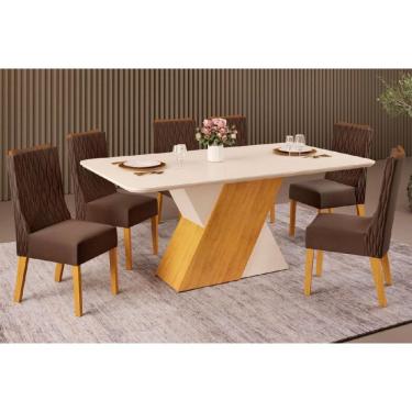 Imagem de Sala de Jantar Completa Rubi c/ Tampo Madeirado c/ Vidro Curvo 170x90cm e 6 Cadeiras Jade Cedro/Off White/Off White - Suede Moca - DJ Móveis