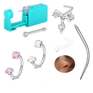 Imagem de AVYRING Kit de piercing de nariz, ferradura, 18 g, prata, para piercing de nariz, aço cirúrgico com anéis e pinos de nariz, kits de piercing de nariz descartáveis pendurados em casa, anéis de septo