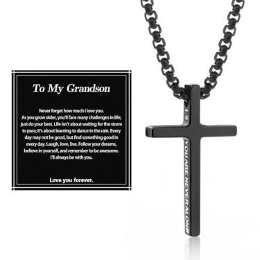 Imagem de Alissl Colar com cruz para homens e meninos, corrente com pingente de aço inoxidável 316L, versículo bíblico, religioso, cristão, presente inspirador para oração, primeira comunhão, confirmação de