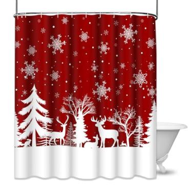 Imagem de Bayson Cortina de chuveiro de Natal, árvore de Natal vermelha, rena e flocos de neve, impermeável, tecido de poliéster 182 x 182 cm, conjunto com ganchos