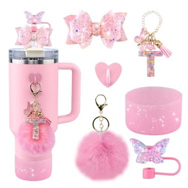 Imagem de Conjunto de 6 peças de acessórios de copo Stanley rosa - tampa de cobertura de palha de borboleta, laço brilhante para canudo, bota de silicone brilhante, pingente de letra e pompom para copos satnley