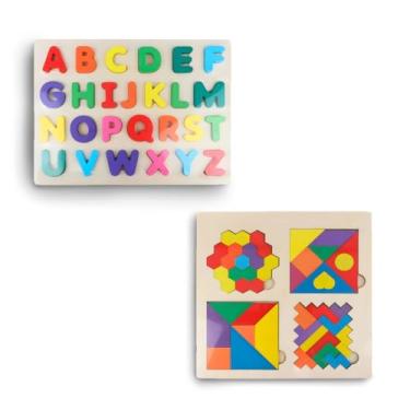 Imagem de Kit 2 Tabuleiros Educativos Alfabeto e Quebra-Cabeça Geométrico em Madeira Conjunto Brinquedo Infantil Desenvolvimento Pedagógico