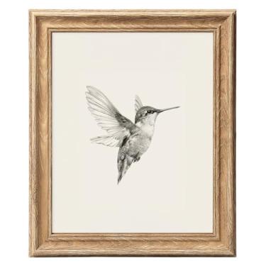 Imagem de ASTRDECOR Impressões de arte de parede de beija-flor 20 x 25 cm, quadro de pintura de esboço de pássaro com moldura de aparência de madeira rústica, decoração de parede vintage para sala de estar