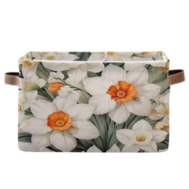 Imagem de Wassud Cesta de armazenamento com padrão floral branco para organizar caixa de armazenamento decorativa dobrável aberta para casa com alça de tecido de lona armário armário quarto 1 pacote