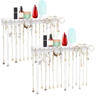 Imagem de YYILIS Suporte de colar, organizador de colar de parede extragrande atualizado com 30 ganchos montado na parede com bandeja de joias/prateleira de cosméticos suporte de madeira de pinho rústico