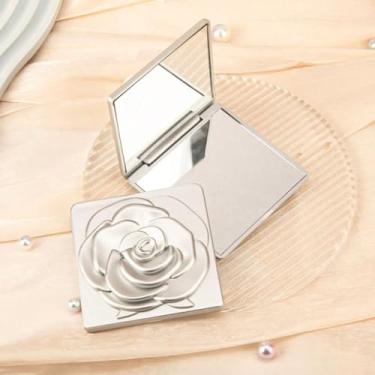 Imagem de Espelho de maquiagem quadrado dobrável requintado com padrão rosa - vidro de alta definição de ampliação 2x, para mãe, noiva e dama de honra em feriados, aniversários, casamentos (prata)