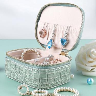 Imagem de Mini caixa de joias de viagem, pequena caixa organizadora de joias, estojo portátil com zíper para anéis, brincos, colares, presente para meninas e mulheres (verde)