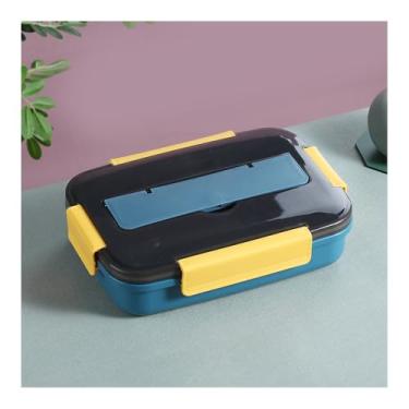 Imagem de Caixa de almoço com 4 compartimentos com colher para trabalho, piquenique, acampamento, uso de tampa serve como suporte de telefone e coloque no forno de micro-ondas (azul)