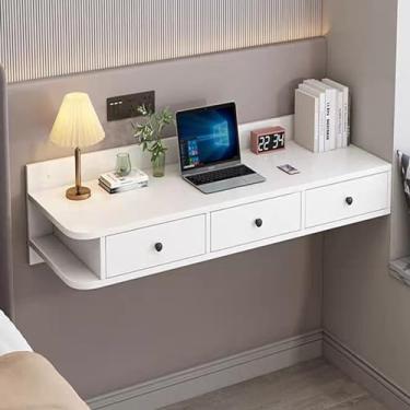 Imagem de Mesa montada na parede com gaveta, mesa flutuante para laptop, estação de trabalho multifuncional com compartimentos de armazenamento em escritório doméstico para economia de espaço (120 cm/47,2 pol