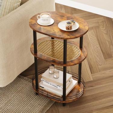 Imagem de BITYODD Mesa lateral redonda, mesa de canto oval com armazenamento, mesa de cabeceira de 3 andares, mesa lateral estreita para sala de estar, mesa de cabeceira para quarto - marrom
