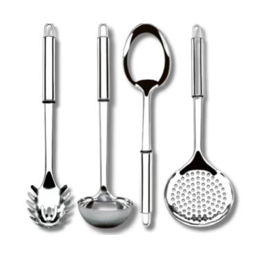 Imagem de Kit 5 Utensílios de Cozinha em Aço Inox Colher De Arroz Concha Escumadeira Pegador de Massa e Garfo(04 PEÇAS)