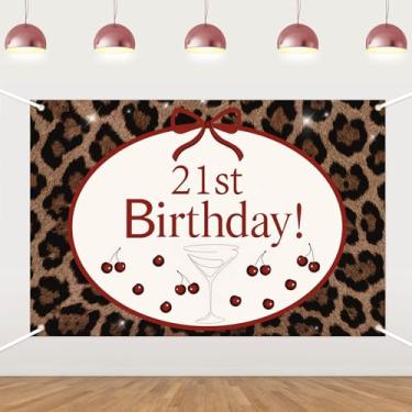 Imagem de Pano de fundo de aniversário de 21 anos com estampa de leopardo, faixa de tecido com decoração de cereja e coquetel para mulheres, meninas, festa de aniversário, fundo fotográfico