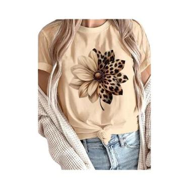 Imagem de Camiseta Feminina Casual Com Estampa De Leopardo E Floral, Gola Redond
