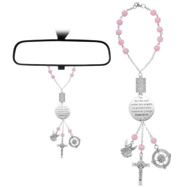 Imagem de Rosário rosa para carro, acessórios para pendurar espelho traseiro versículo bíblico, enfeite de cruz de carro, pingente de cruz cristã e católica para carros, espelho retrovisor e volante, presente