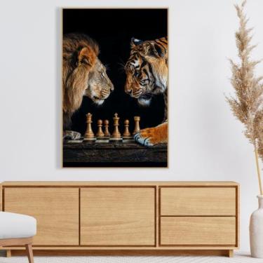 Imagem de Quadro Disputa Xadrez Entre Leão E Tigre - HP, Amadeirado claro, 120x1