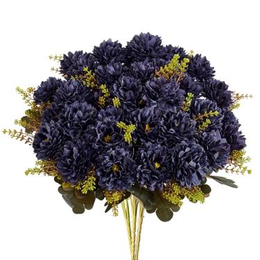 Imagem de XIANNVXI Flor azul marinho, crisântemo, bola artificial, 2 peças, 18 cabeças, flores falsas, buquê de crisântemos de seda azul escuro com arranjos de hastes para decoração de casa, decoração interna e