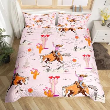 Imagem de Feelyou Capa de edredom rosa Howday para meninos e meninas, conjunto de cama de casal com estampa de caubói do oeste selvagem, cowgirl, rodeio, estilo caubói, capa de cama com zíper