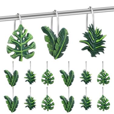 Imagem de Amyhill 12 peças de ganchos decorativos de folha tropical para cortina de chuveiro, folhas verdes Monstera Deliciosa, anéis de cortina de chuveiro, gancho de resina de aço inoxidável, ganchos
