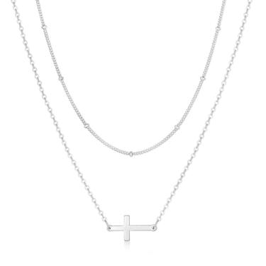 Imagem de Oskani Colar de cruz para mulheres, banhado a ouro branco 18 k, colar gargantilha com cruz de aço inoxidável, colar delicado e simples, corrente com pingente, colar de Páscoa, batismo, fé religiosa