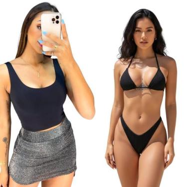 Imagem de Kit Top Cropped Regata + Biquini Cortininha fio dental Cor:PretoTamanh