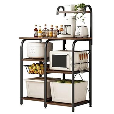 Imagem de 6 prateleiras e 5 ganchos organizador de armazenamento de cozinha preto rack de forno de pão rack de micro-ondas estação de trabalho utilitária com cesta de arame alto (cor: LLORO1B) (Lloro1b)