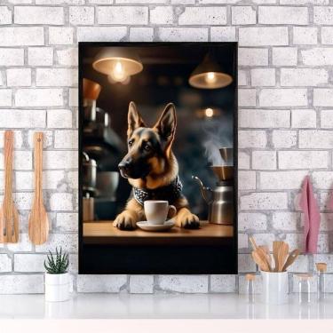 Imagem de Quadro Pastor Alemão Tomando Café 24X18Cm - Com Vidro