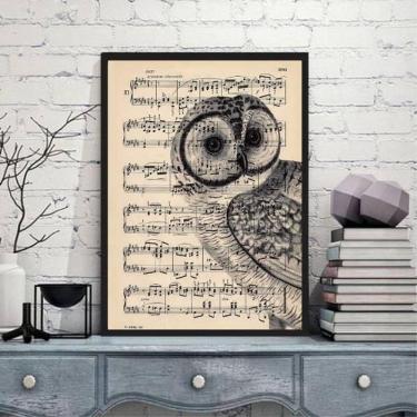 Imagem de Quadro Coruja Com Partitura 45X34Cm Com Vidro Moldura Preta