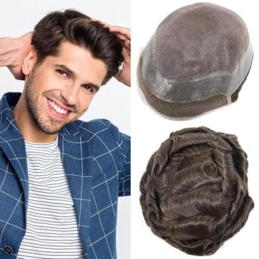 Imagem de Peruca masculina para homens com renda suíça mono HD com PU ao redor do sistema de substituição de cabelo humano linha do cabelo natural 15 x 23 cm densidade média leve masculina protesis capilar