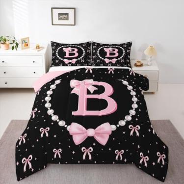 Imagem de Erosebridal Conjunto de cama Queen com laço rosa e preto – Conjunto de edredom com laço inicial B para meninas e crianças, colcha de laço de fita rosa, monograma, decoração de quarto com 2 fronhas
