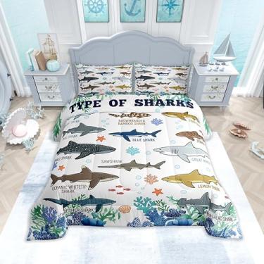 Imagem de Feelyou Conjunto de cama macio para meninos e meninas, presentes para amantes de tubarões, conjunto de edredom casal, oceano, vida marinha de microfibra, animais subaquáticos, decoração de quarto, 3