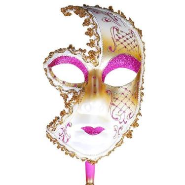 Imagem de Máscara veneziana rosa e dourada com glitter de PVC de meia face - yiw