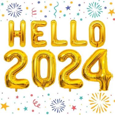 Imagem de Suprimentos de festa: balões HiParty 2024, número dourado com banner