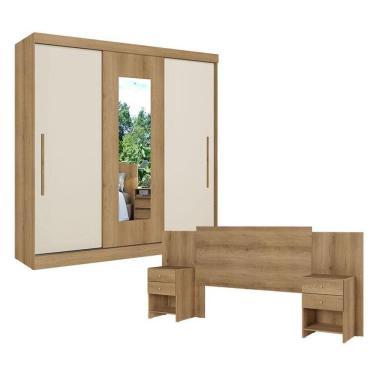 Imagem de Guarda Roupa Casal Vision Glass 3 Portas Capuccino Cacau Off White Com Cabeceira Formosa Capuccino - Thb