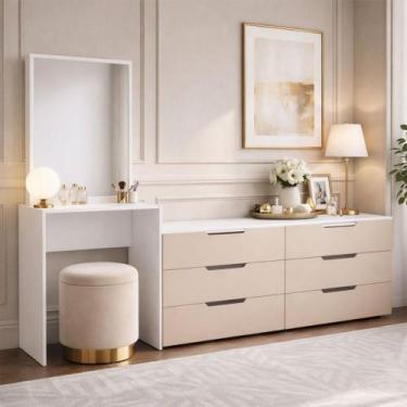 Imagem de Cômoda Madrid 6 Gavetas com Espelho Creme/Branco - Politorno, Bege