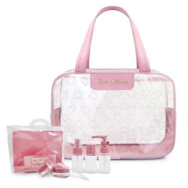 Imagem de Kit De Bolsa Transparente E Frascos De Viagem De 7 Peças Rosa - Jacki 