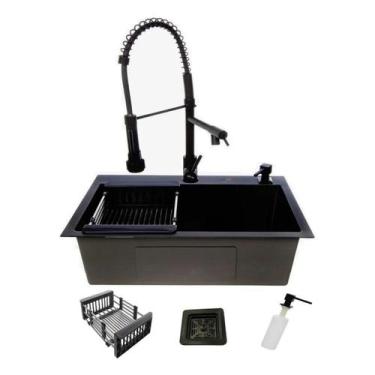 Imagem de Kit cuba gourmet aço inox 304 60x40cm com torneira preta com dispenser