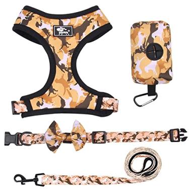 Imagem de SEIS Conjunto de 4 peças de colete para cães refletivos conjunto lesh camuflagem pet gravata borboleta ajustável pequeno arnês para cães com bolsa de cocô dispensador para treinamento de caminhada corrida (amarelo, GG)