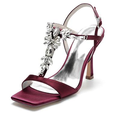 Imagem de Sapatos de noiva de bico quadrado feminino com tira no tornozelo bomba de cetim bloco médio vestido de noiva sandálias com strass 36-43,Burgundy,5 UK/38 EU