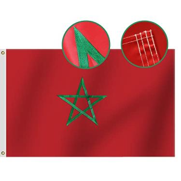 Imagem de Bandeira de Marrocos para serviço pesado de nylon Oxford 210D de maior duração | Estrela linear de cinco pontas bordada | Quatro linhas de costura extremidades para moscas | Bandeiras marroquinas para decoração de casa de quintal