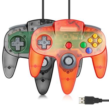 Imagem de Pacote com 2 controles FISUPER USB N64, controle de videogame com fio USB gamepad para Windows PC Mac Raspberry PI Retropie (preto transparente + vermelho claro)