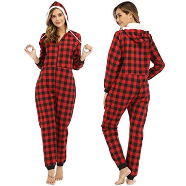 Imagem de Conjunto de pijama feminino flanela clássico com capuz zíper loungewear manga longa pijama conjunto com bolso Natal, vermelho, G (65 kg/170 cm)