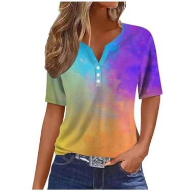 Imagem de Camisetas femininas de manga curta outono verão gola V gradiente ajuste solto tie dye longo camiseta feminina 2024, U-232 multicolorido, 3G